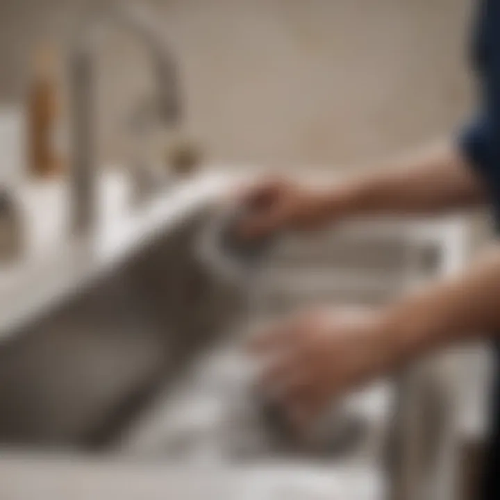 A hand using a soft cloth to clean a stainless steel sink