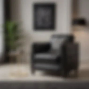 Chic patterned accent chair positioned next to a black leather couch