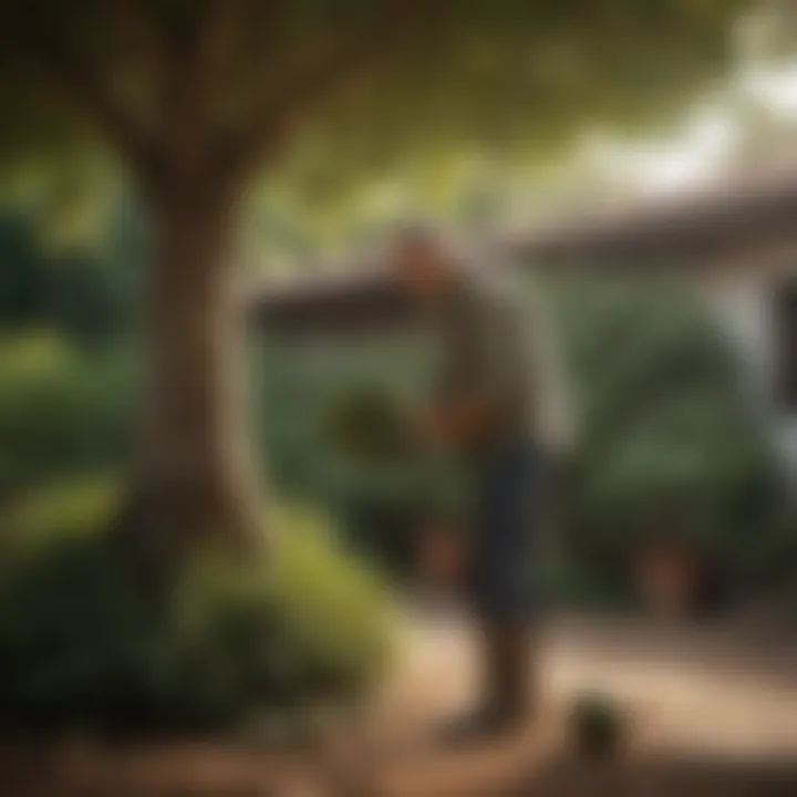 A gardener tending to an avocado tree with care