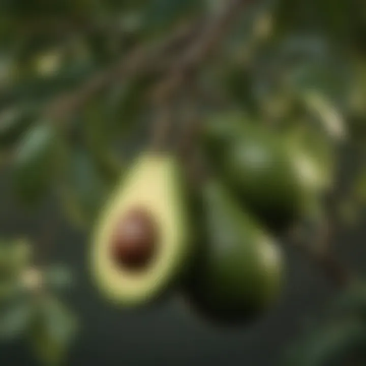 Close-up of ripe avocados hanging from branches