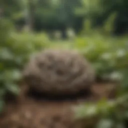 Close-up view of a wasp nest hidden in a garden setting