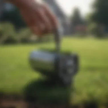 Close-up of an aeration tool in action