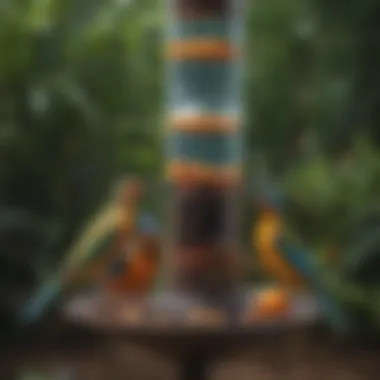 A close-up view of colorful birds enjoying water from a feeder