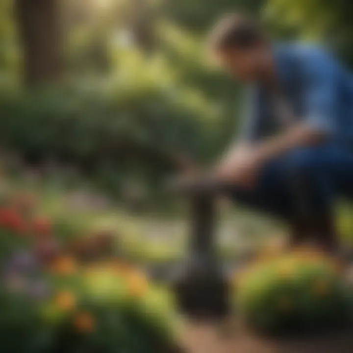 A gardener placing a bird water feeder in a blooming flower bed