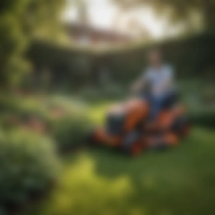 A lush garden being tended to with a lawn mower