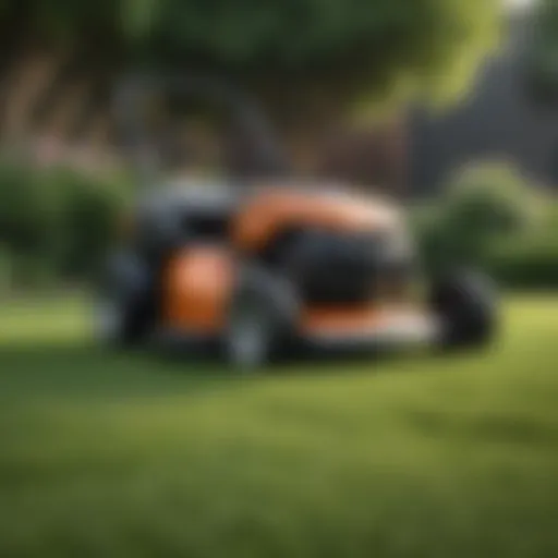 A sleek modern lawn mower on a well-manicured lawn