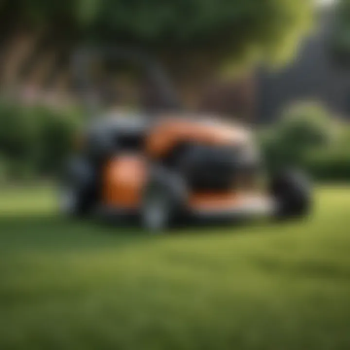 A sleek modern lawn mower on a well-manicured lawn