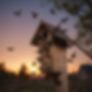 Bats Taking Flight at Dusk Close-up of bats emerging from a bat house at dusk