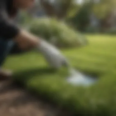 Person applying fertilizer on lawn