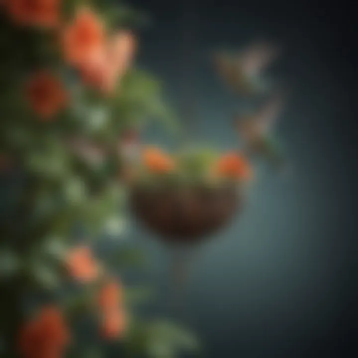 Close-up of hummingbirds feeding from a hanging basket