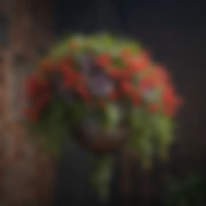 A beautifully arranged hanging basket with various nectar-rich plants