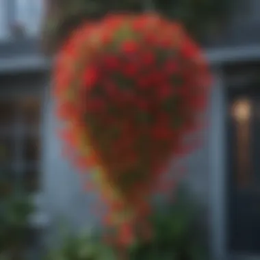 Vibrant hanging basket filled with red flowers attracting hummingbirds