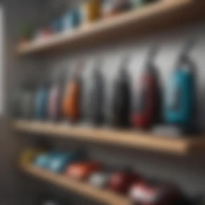 Variety of vacuum cleaners displayed on a shelf