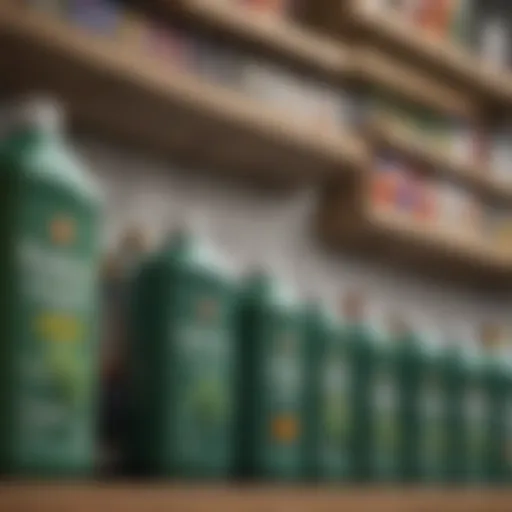 Close-up of various insecticide products on a shelf