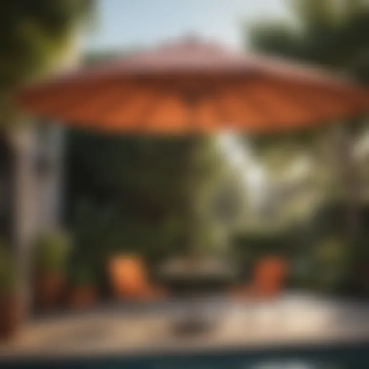 An outdoor setting with a patio umbrella providing UV protection