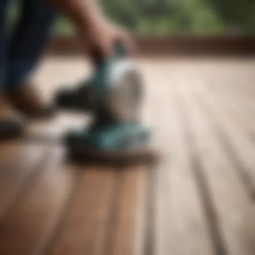 A powerful sander in action on a wooden deck