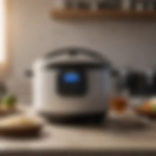 Compact rice cooker with a sleek design on a kitchen countertop