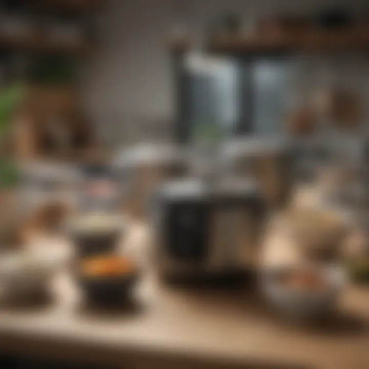 Display of various small rice cooker models with features highlighted