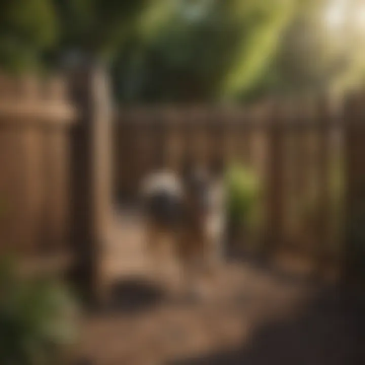 A sturdy wooden fence enclosing a backyard with a happy dog playing inside.