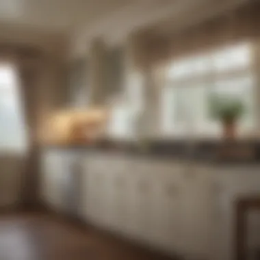 Elegant cabin kitchen featuring sheer curtains that allow natural light