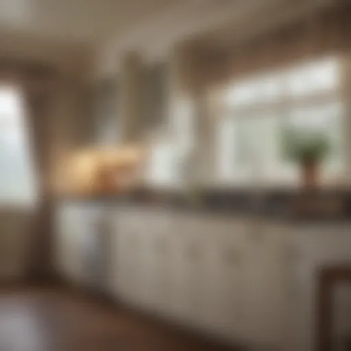 Elegant cabin kitchen featuring sheer curtains that allow natural light