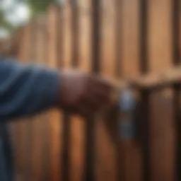 Spray stain application on wooden fence