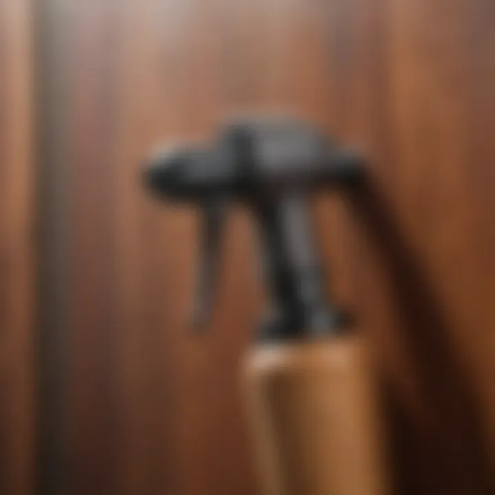 Close-up of stain sprayer and wooden texture