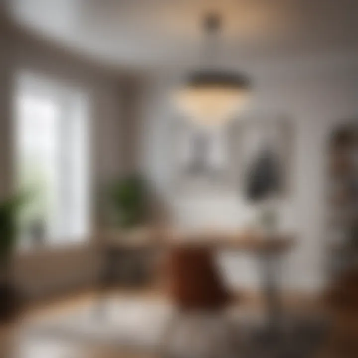 A minimalist chandelier adding flair to a contemporary workspace.