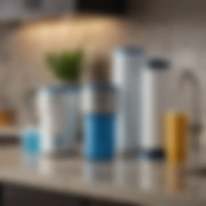A close-up of different types of water filters displayed on a countertop, showcasing variety.