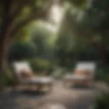 A serene outdoor setting featuring stylish lounge chairs under a tree