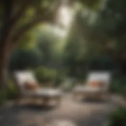 A serene outdoor setting featuring stylish lounge chairs under a tree