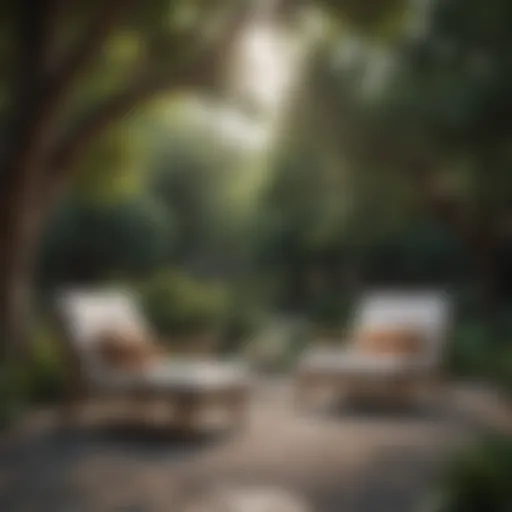 A serene outdoor setting featuring stylish lounge chairs under a tree