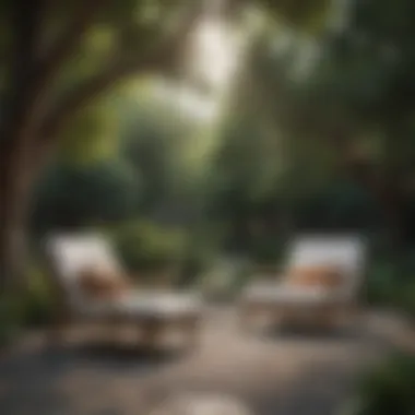 Stylish Lounge Chairs in a Serene Outdoor Setting A serene outdoor setting featuring stylish lounge chairs under a tree