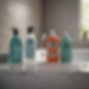 Essential Cleaning Products for Bathtub Jets Various cleaning products arranged on a countertop
