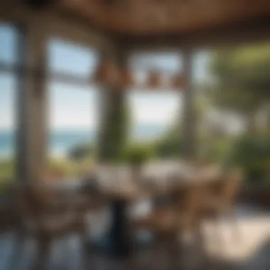 A beautifully arranged coastal dining area with natural elements and ocean-inspired accents