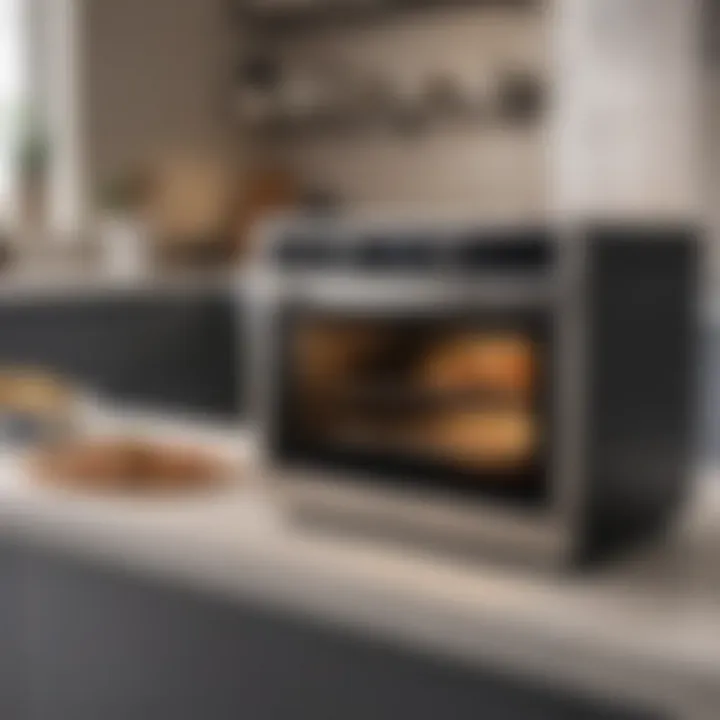 A sleek tabletop oven displayed in a modern kitchen setting.