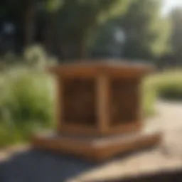 A beautifully crafted wooden bee trap designed for outdoor use.