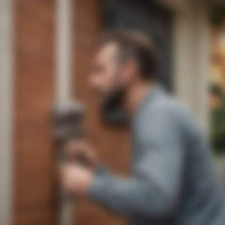 Brush and roller positioned on freshly painted house exterior