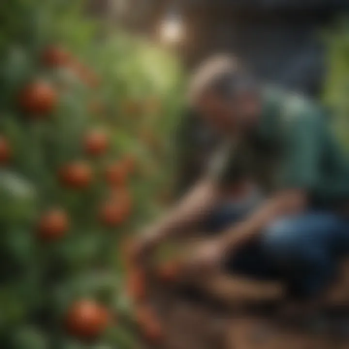 Gardener tending to tomato plants with care