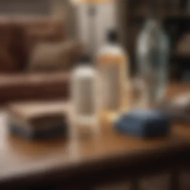 Different cleaning solutions laid out on a table for upholstery care