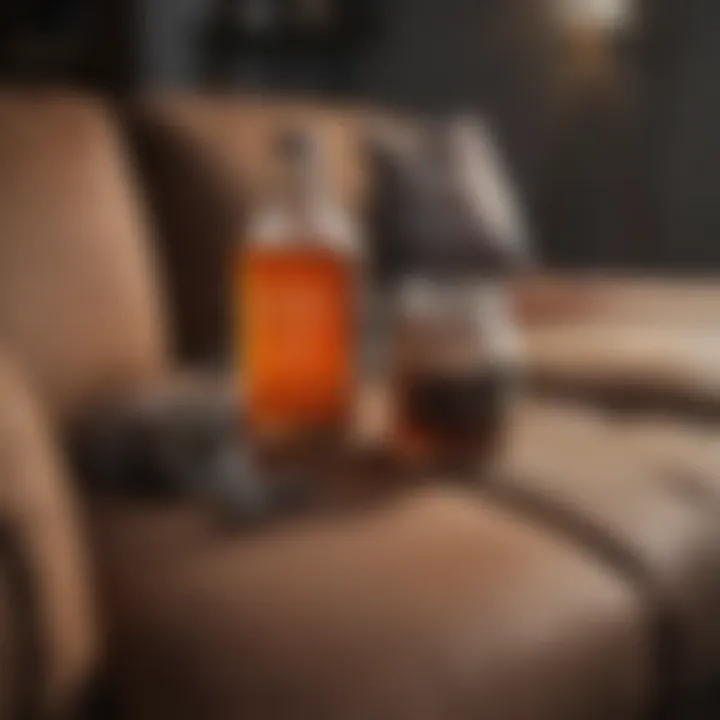 Homemade cleaning solutions in jars placed next to a piece of upholstery