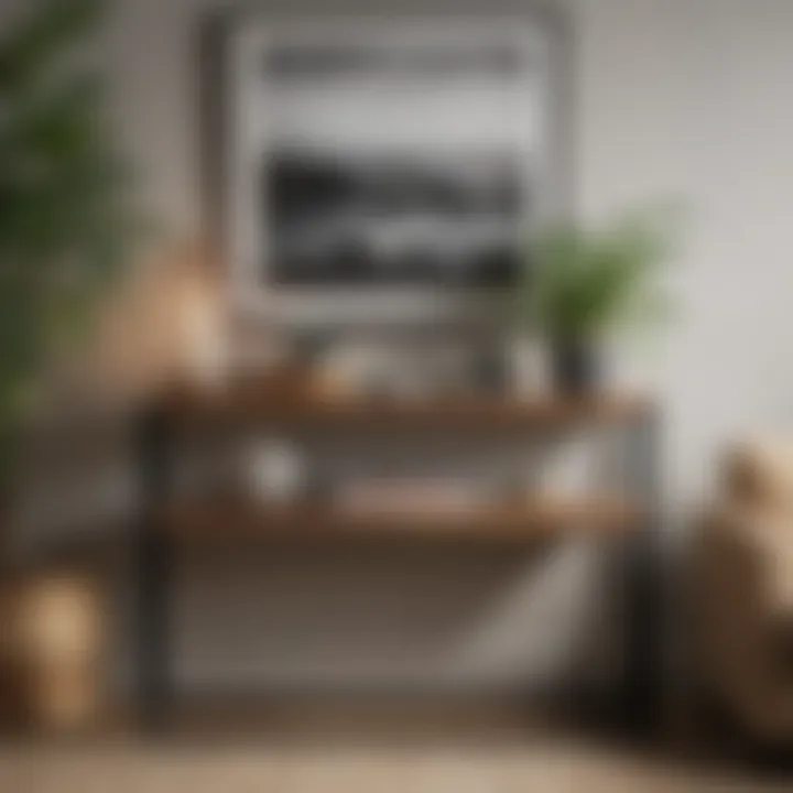 Vintage console table styled with books and natural elements.