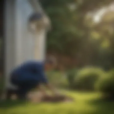 A homeowner inspecting a sprinkler controller and settings