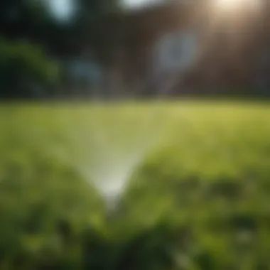 Close-up of a sprinkler head watering lush green grass