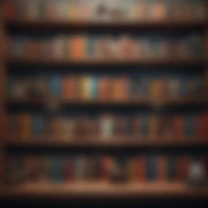 Colorful display of books and art on wall shelves
