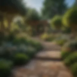 A beautifully landscaped garden showcasing a variety of plants and hardscaping elements