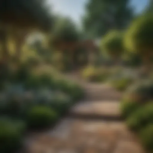 A beautifully landscaped garden showcasing a variety of plants and hardscaping elements