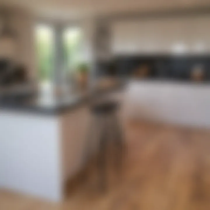 Measuring tape placed next to a kitchen island for height assessment