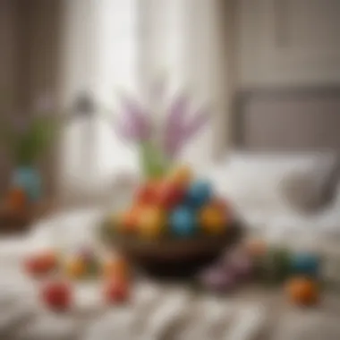 A vibrant bedroom adorned with colorful Easter eggs and spring flowers, creating a festive atmosphere.