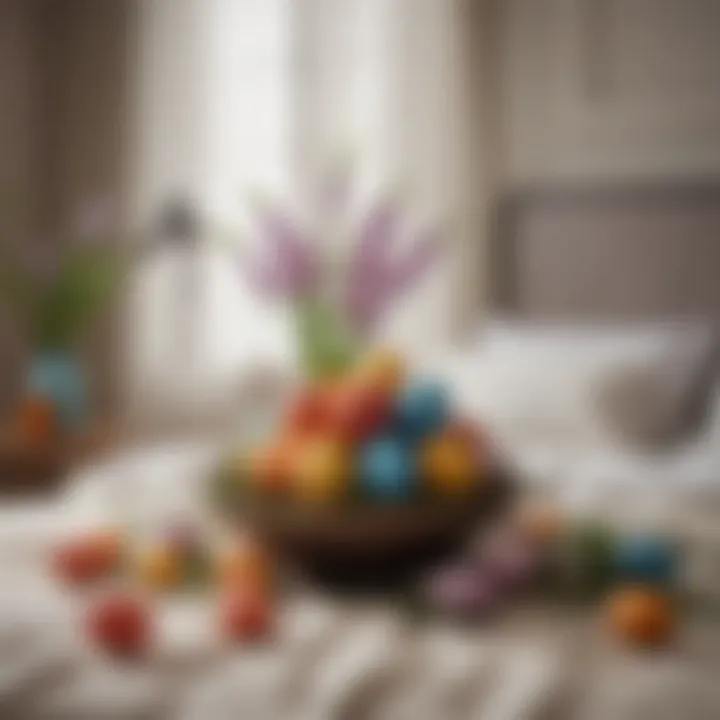 A vibrant bedroom adorned with colorful Easter eggs and spring flowers, creating a festive atmosphere.